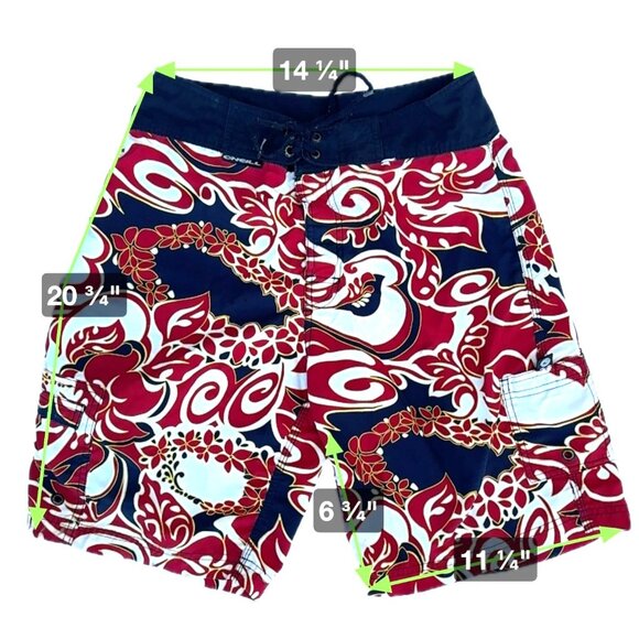O'Neill Mens Sz  28.5 Waist Red Black Hawaiian Tribal Pattern Drawstring Logo - Picture 3 of 10
